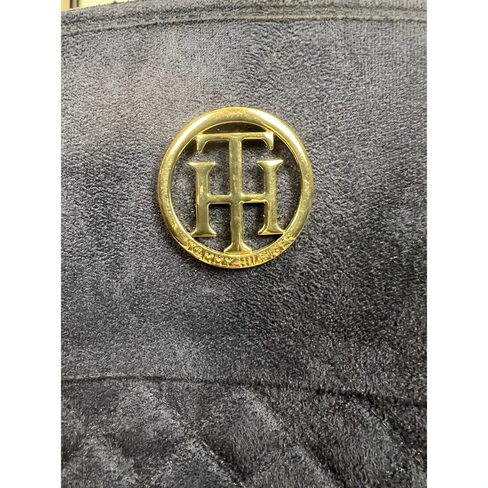 Tommy Hilfiger Navy Quilted Suede Tall Boots Green Lug Sole Gold Logo‎ Women 6M